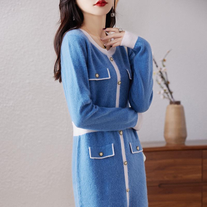 Contrast Color Round Neck Wool Dress for Women In Autumn and Winter New High-end Fashion Slit Skirt Skin-friendly Soft Glutinous Warm Midi Skirt