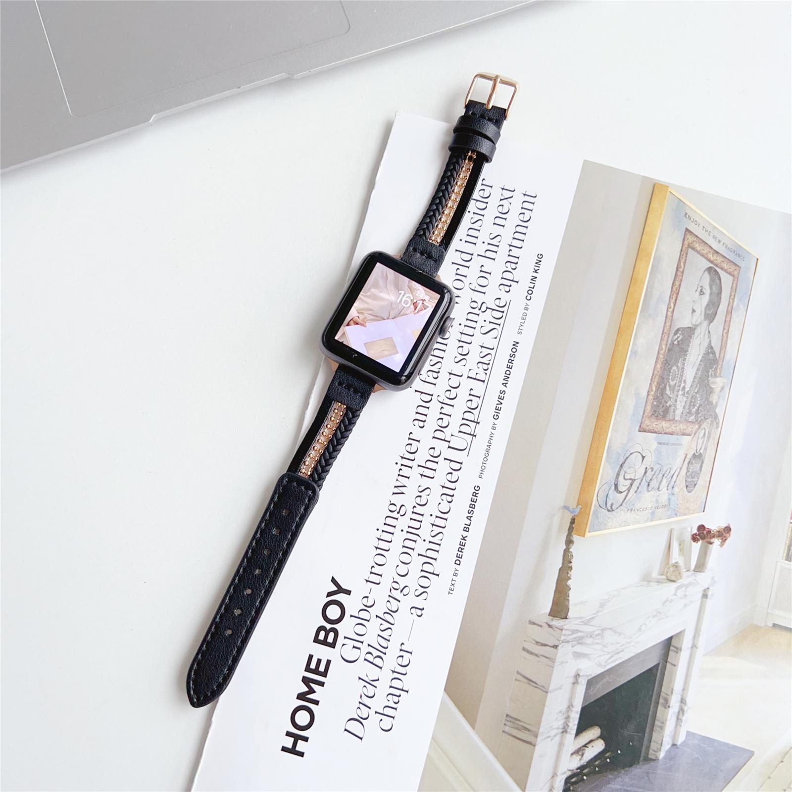 

For Apple Watch 10 46mm/Ultra 2/Ultra 49mm/9 8 7 45mm/SE (2023) SE (2022) SE 6 5 4 44mm/3 2 1 42mm Slim Leather Strap Black