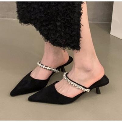 Fashion New Women's Black Rhinestones Heeled Mules Pump for Women Elegant Sparkly Sandals Slippers Women's Sexy High Heels Slingbacks
