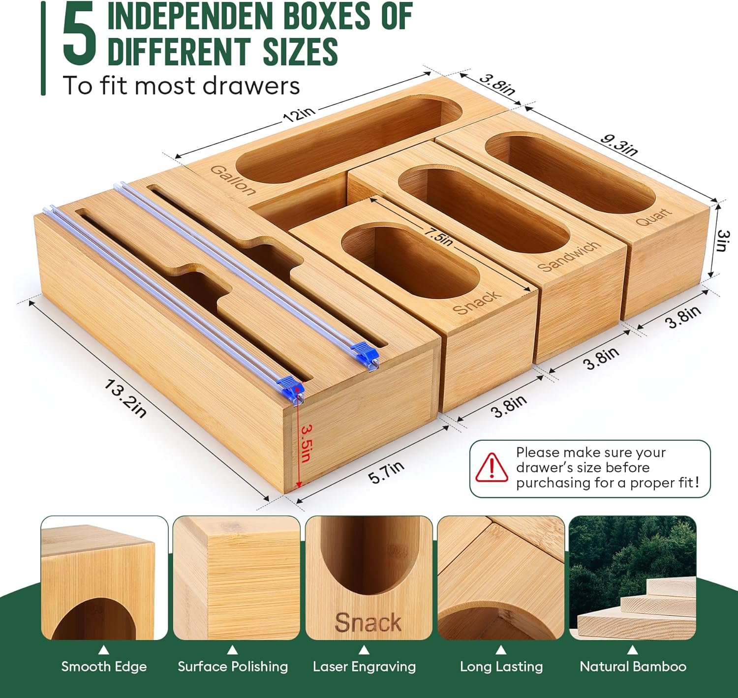 Bamboo Kitchen Drawer Organizer with Foil & Plastic Wrap Storage, Fits Gallon, Quart, Sandwich, Snack Bags United States