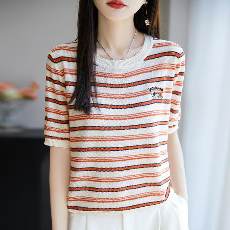 Retro College Style Striped Contrasting Color Round Neck Short-sleeved Sweater for Women In Summer Thin Classic Gradient 4-color Floral T-shirt
