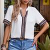 YYFS Kadın Modası Rahat Yaz Bahar Çizgili Baskılı Kısa Kollu V Yaka Bluzlar ve Gömlekler