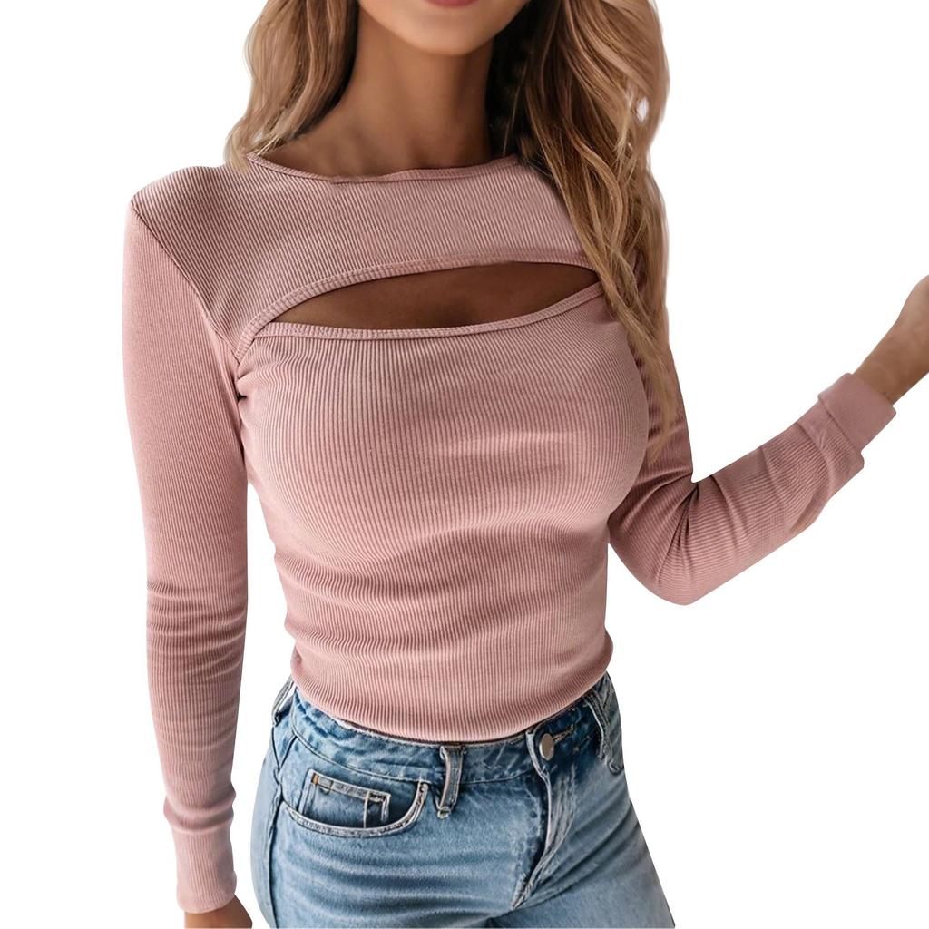Dámské módní a sexy žebrované topy s výstřihem na hrudi a dlouhým rukávem