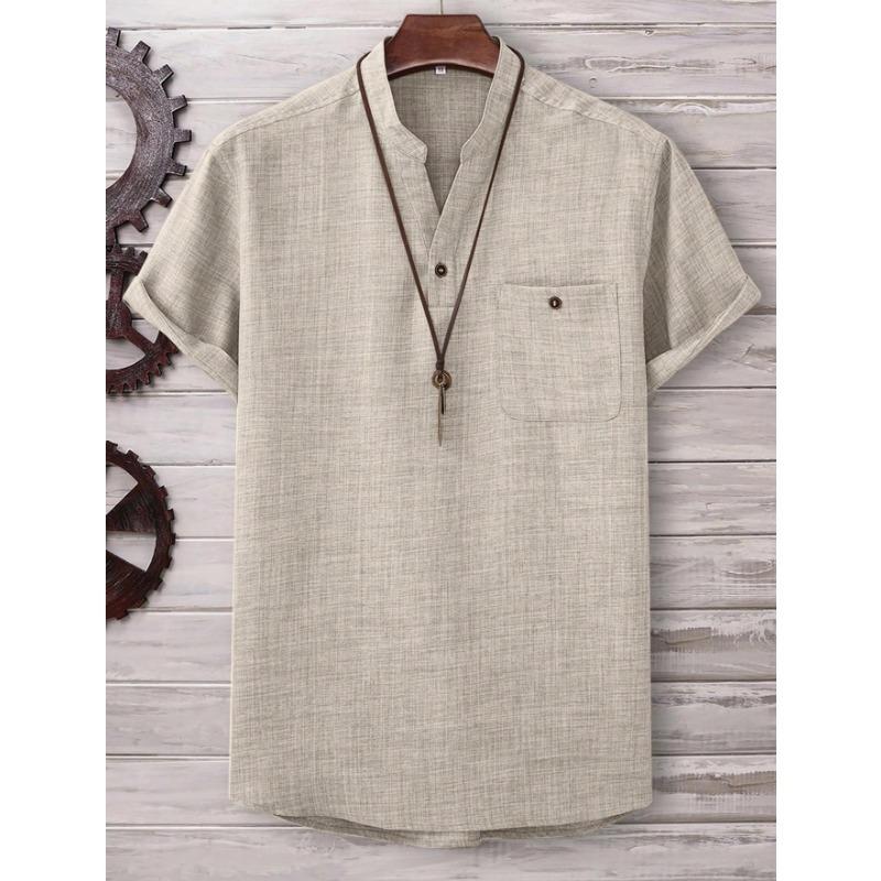 Men Linen Blend Mandarin Collar Short Sleeve Henley Shirt Casual Breathable Summer Top for Men