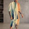 Men Plus Size Dark Blue Printed Round Neck Short Sleeve Top And Shorts Two Piece Set