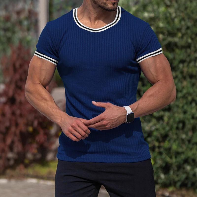 

Summer Round Neck Casual Fashion Patchwork T-shirt Male Short Sleeve Strip Sports Tee Men All-match Pullover Top L темно-синього кольору