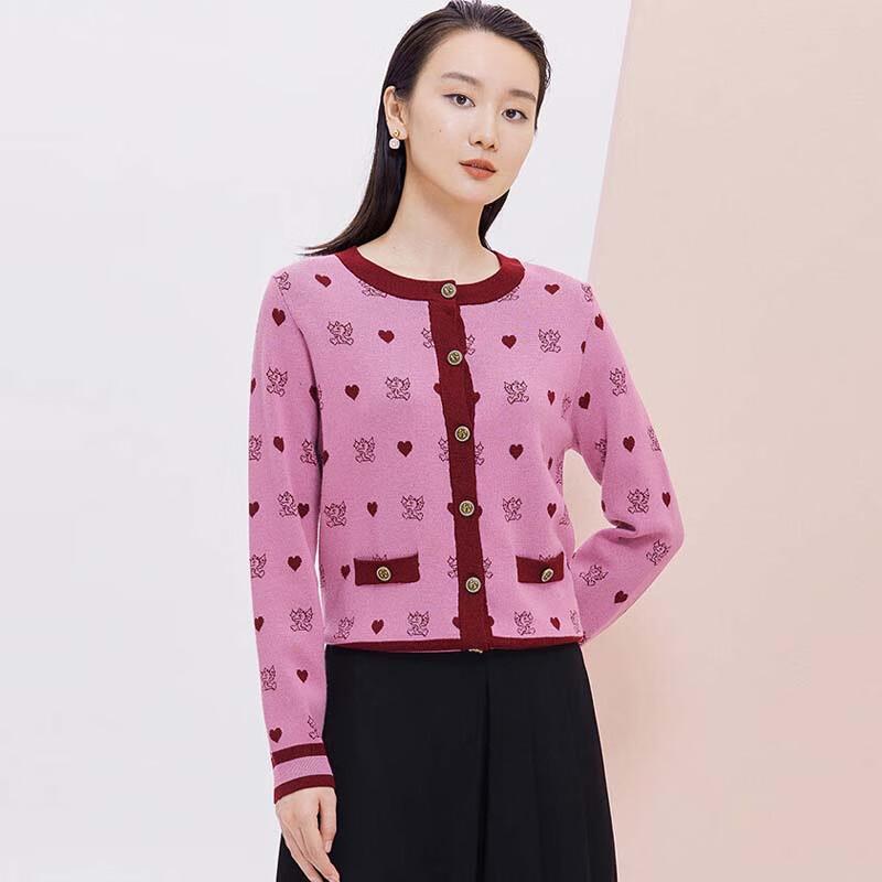 

JESSIE Women s Contrast Heart Jacquard Knit Cardigan S