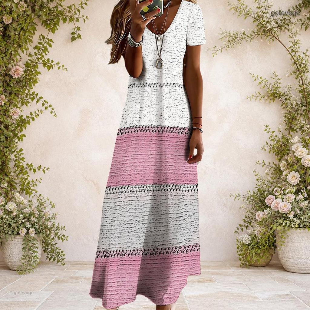 Women Plus Size V Neck Short Sleeve Printed Pink White Long Straight Dress
