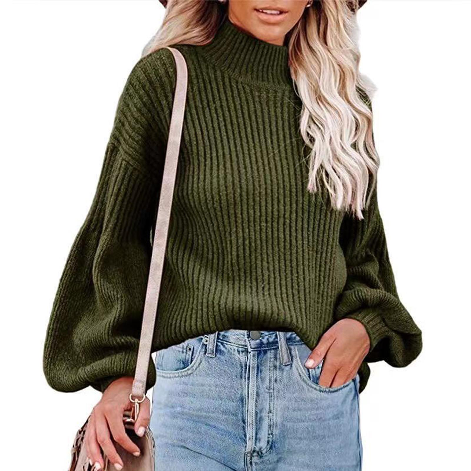 

Женский однотонный пуловер с высоким воротником и длинными рукавами, блузка, вязаный свитер L зелёный