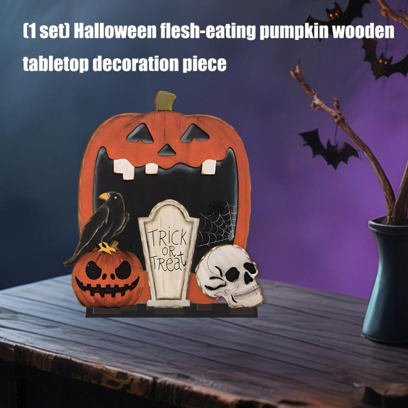Handcrafted Scary Pumpkins Table Ornament Solid Wood Carving Halloween Home Festival Shelf Display