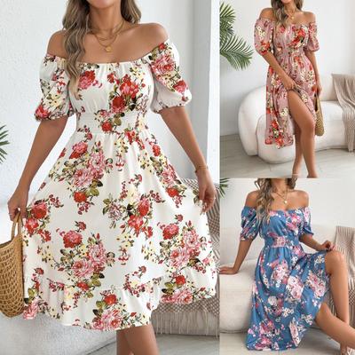 Women's Square Neck Off Shoulder Floral Print Puff Short Sleeve High Waist Ruffled Hem A Line Midi Dress Sundress