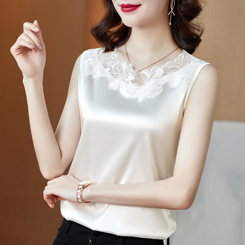 Women's Lace Trim V-Neck Satin Tank Top Plus Size Sleeveless Loose Camisole Inner Base Shirt Elegant Commute Vest