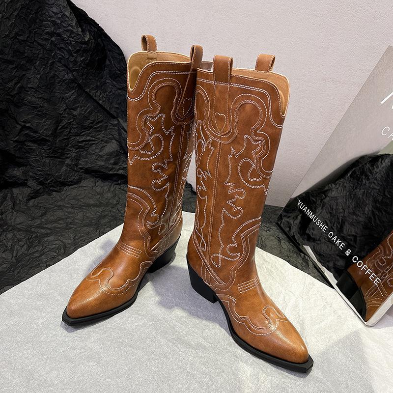 

2025 ретро остроносые женские сапоги толстый каблук голенище рыцарские сапоги вышитые высокие сапоги ковбойские сапоги в западном стиле взрыв тренда 39 коричневый