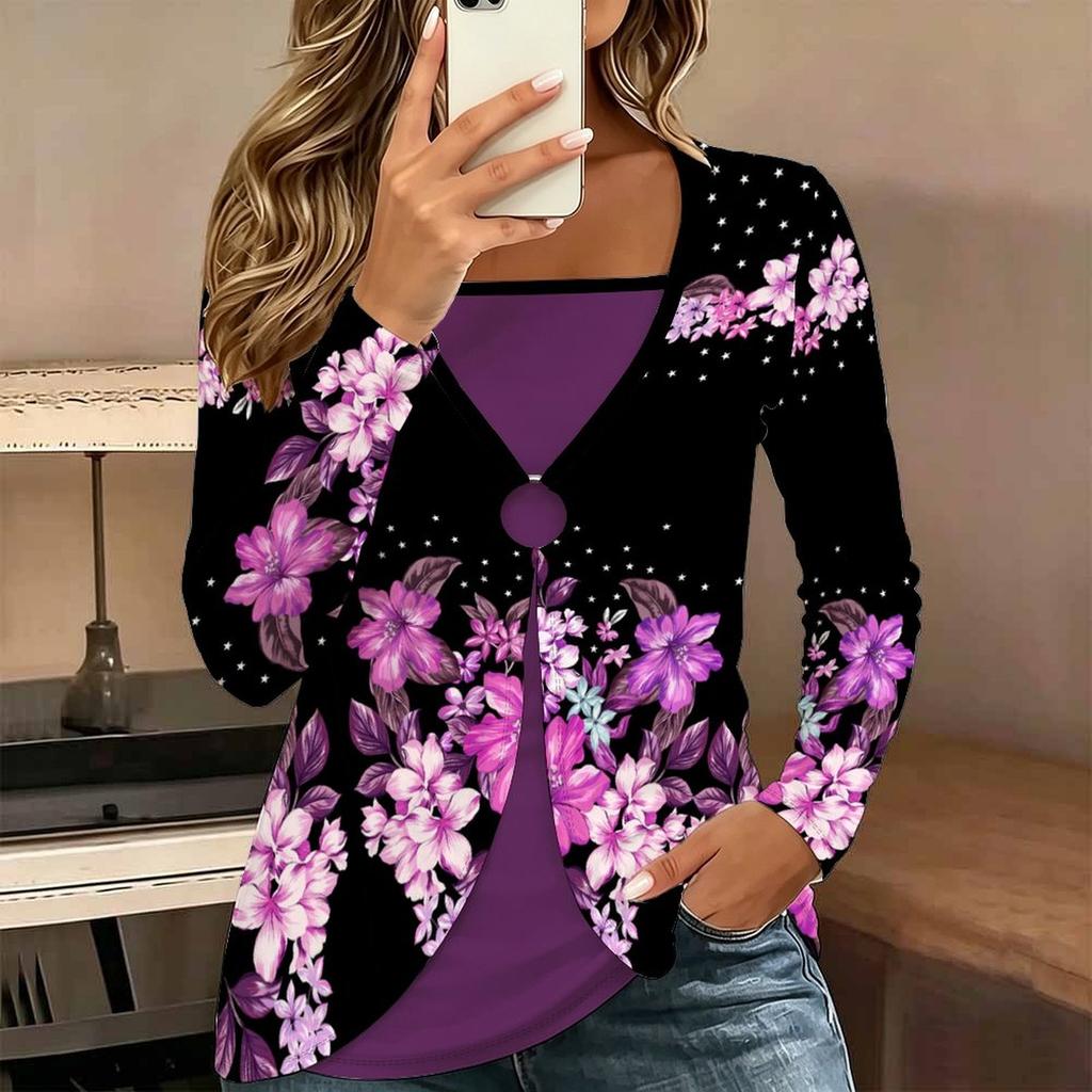 Tops for Women Floral Print Long Sleeve Fake Two‑Piece Top Fall Casual Slim Pullover Women's Long Sleeve Top
