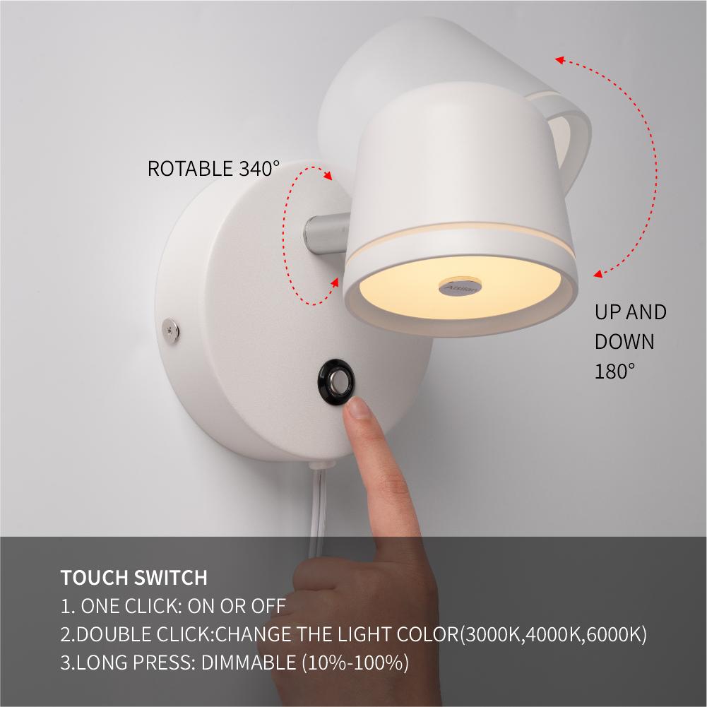 Aisilan Adjustable Dimmable LED Plug in Wall Sconces Wall Light Indoor with Touch Switch Bedside Lamp Aluminum Light Fixture