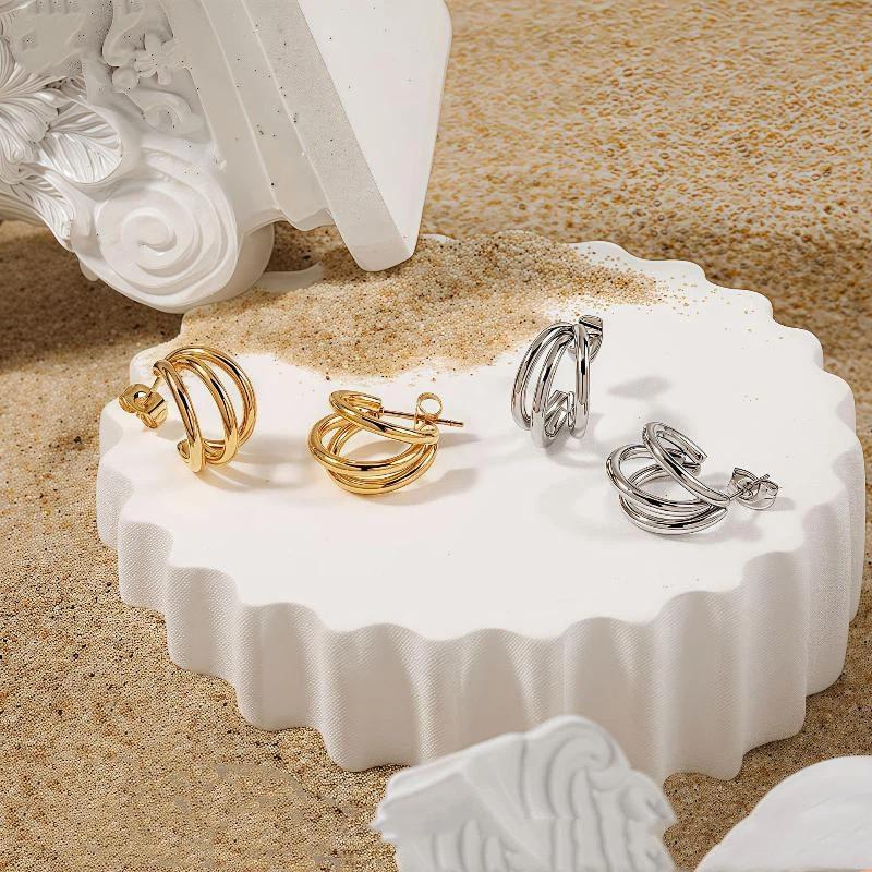 1 Pair Chunky Multi Layered Hoop Titanium Steel Stud Earrings For Women Gold Silver Korean Style Vintage Gift