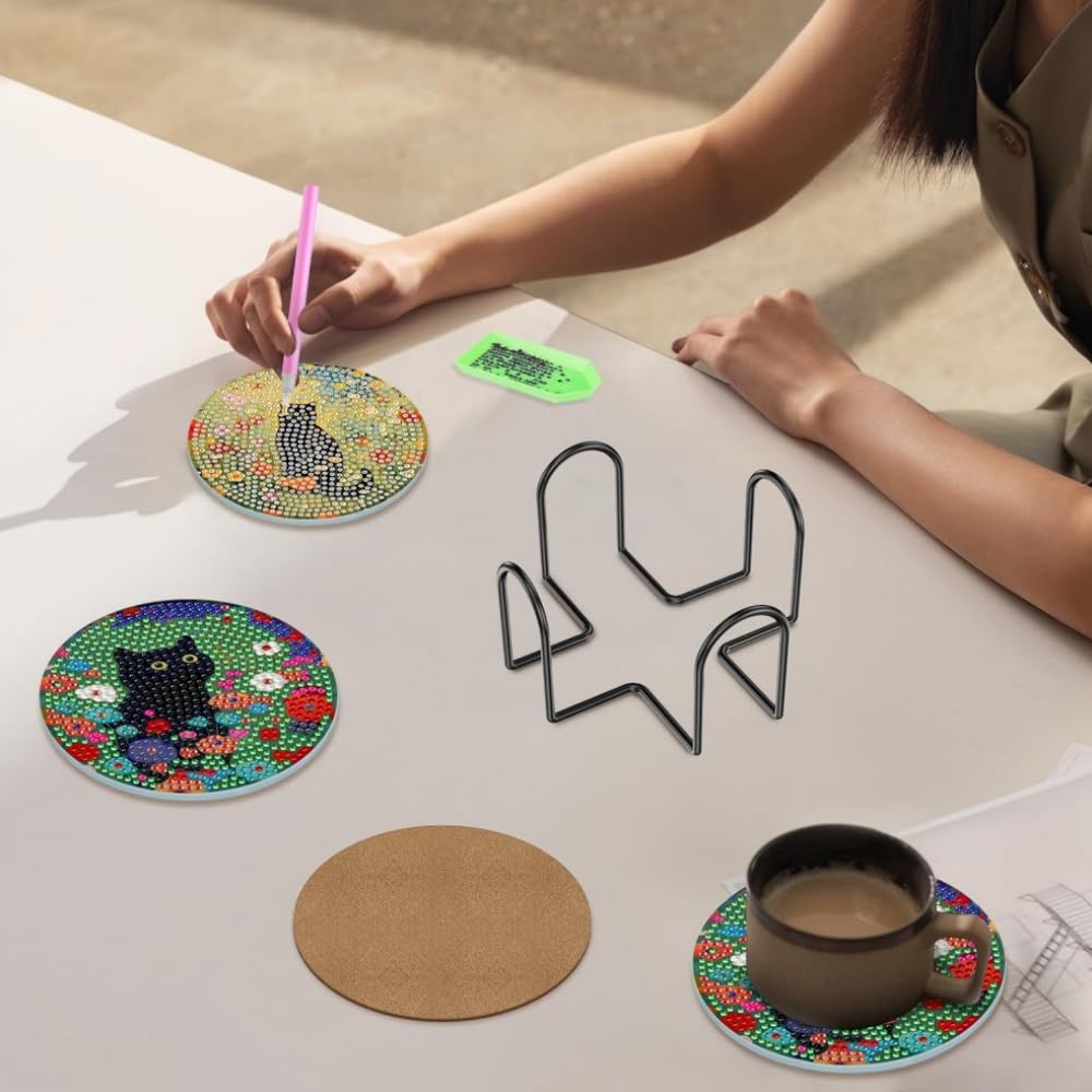 Diamond Art Coaster Kit (6-Piece Set) - DIY Diamond Painting Kit for Beginners, Cute Cat Cartoon Mosaic Ornaments, and Decorative DIY Kit with