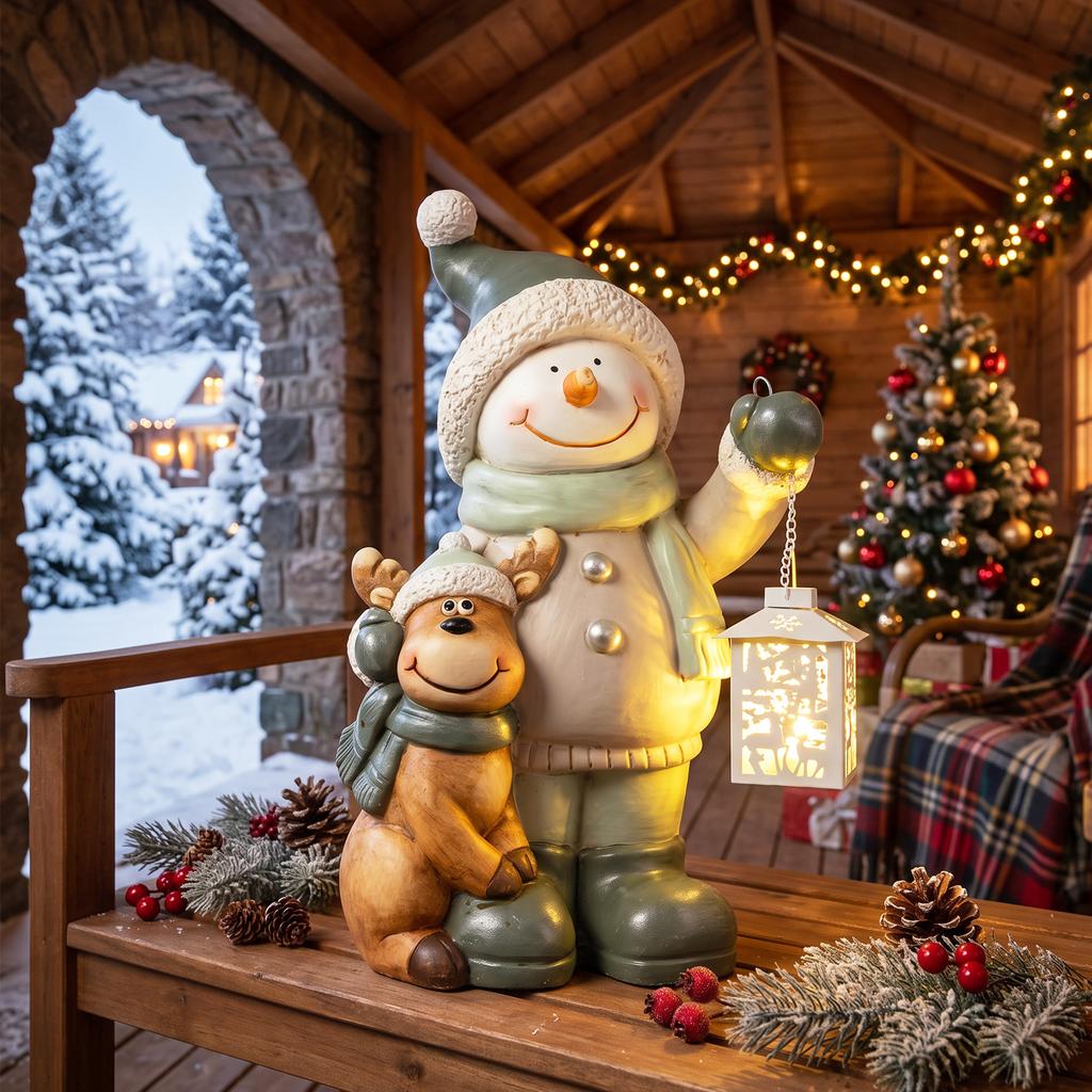 Snowman Figure 43 cm made of MGO with LED Lantern and Timer, for Entryway & Doorway Area