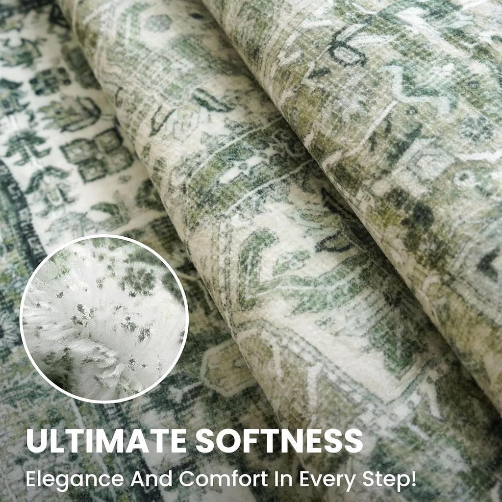 Green Non-Slip Washable Kitchen Runner, Vintage Boho Runners Printed Rug with Non-Shedding, Soft Medallion Floor Carpet for