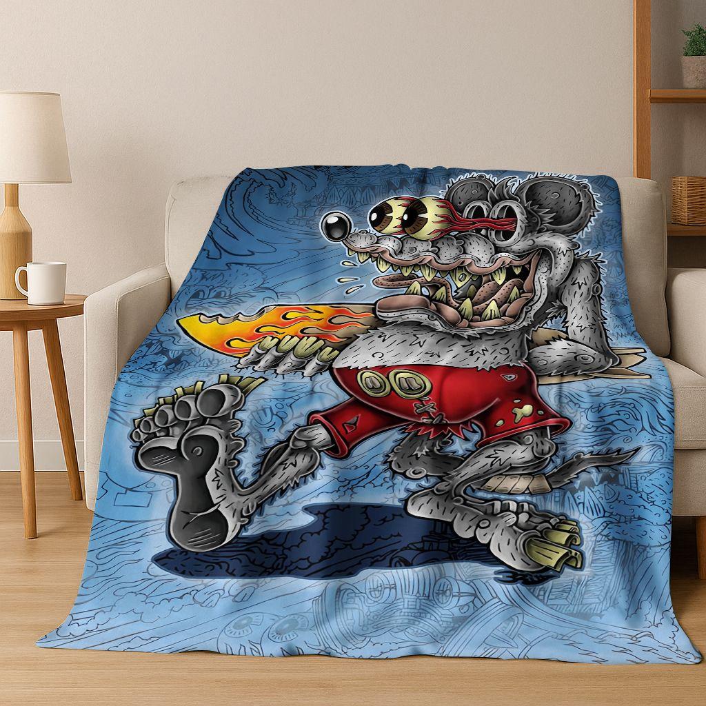 3D Buntowniczy RAT FINK Samochody Znak Kreskówkowy Koc Flanelowy, Ciepły i Przytulny Miękki Koc Rzutowy do Domu Sypialni Łóżka Sofy Pokrycie Piknikowe