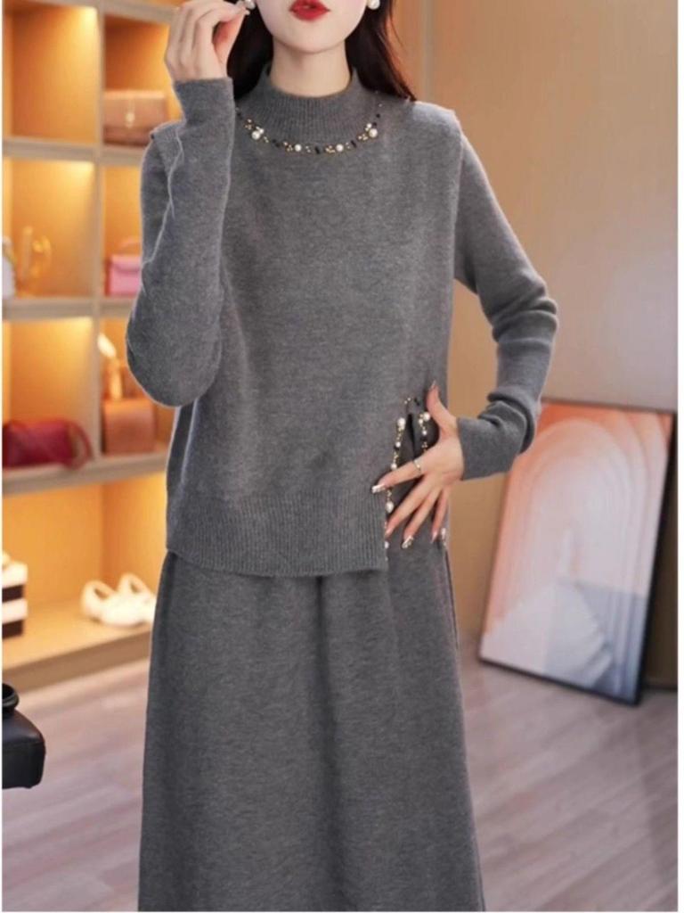 Beaded Knitted Two-Piece Mid-Length Dress - 2025 Autumn/Winter Korean Style