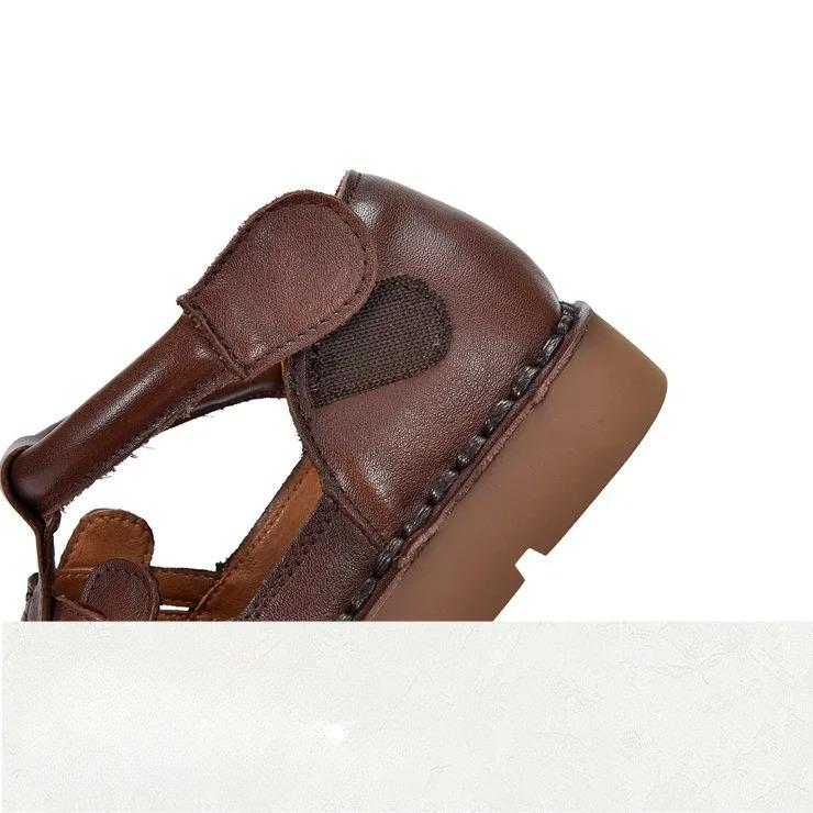 Johnature Genuine Leather Woven Breathable Flat Sandals Square Toe Soft Sole Versatile Women's Shoes