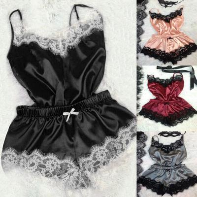 Spaghetti Strap Lace Stitching Vest Shorts Set Imitation Satin V-Neck Sleeveless Pajama Set for Wedding Night