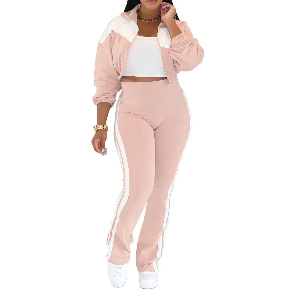 Women's Sports Casual Patchwork Set: Long Sleeve Zipper Jacket & Two-Piece Outfit
