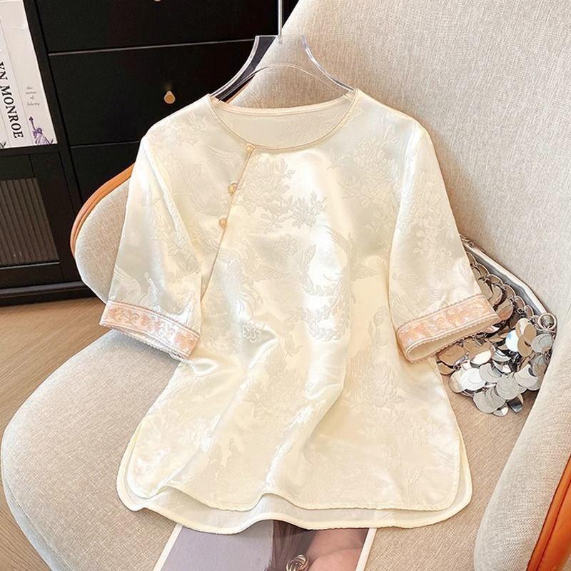 Temperament shirt 2025 summer fashionable versatile new top women's round neck jacquard button