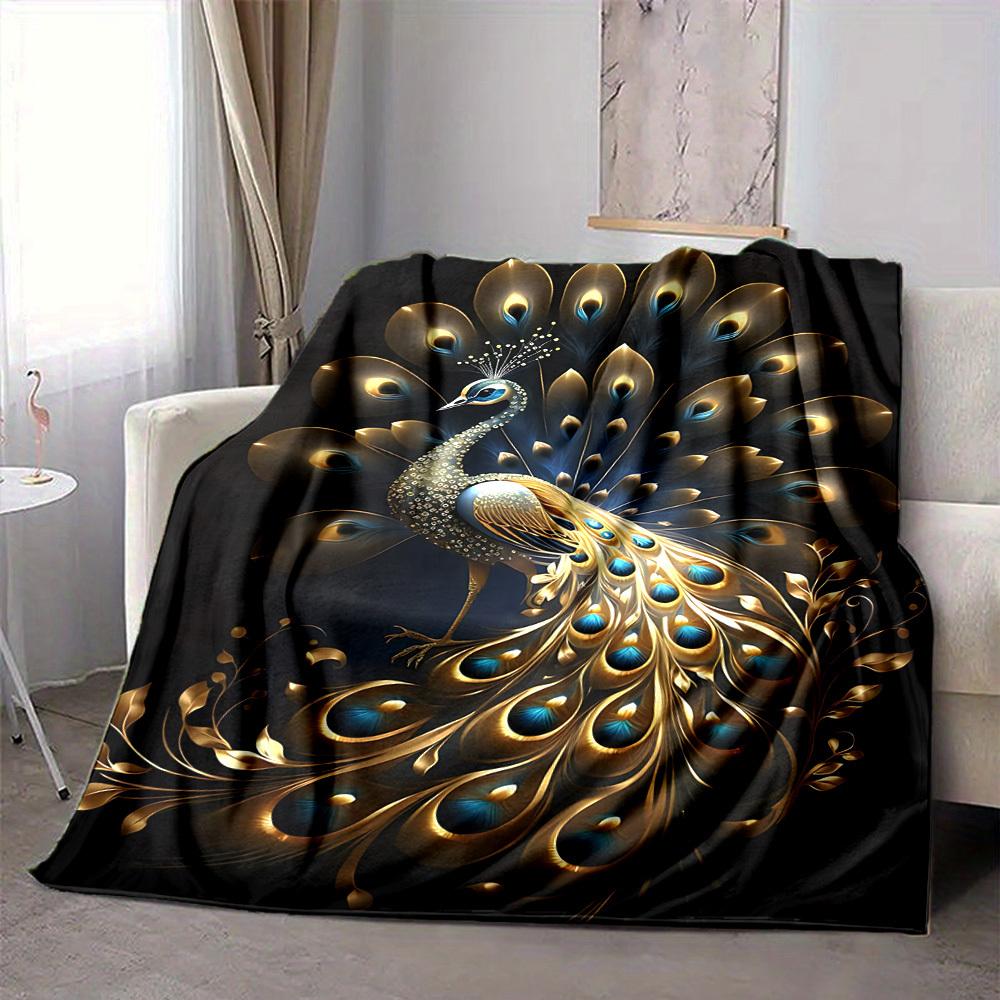 1PC Golden Peacock Feather Blanket, Throw For Sofa, Bed, Travel, Camping, Livingroom, And Bed, Printing Blanket With Soft And Warm Fabric Yy250918154