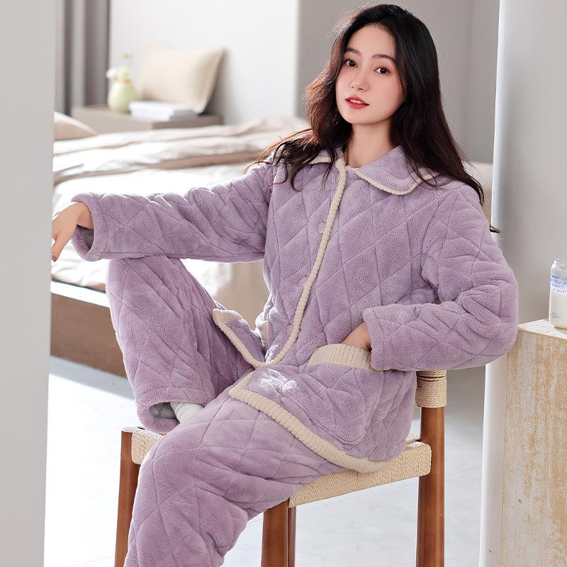 

Winter Three-Layer Padded Pajamas Women S Warm Fleece Thickened Coral Fleece Winter Padded Jacket Loungewear 3XL