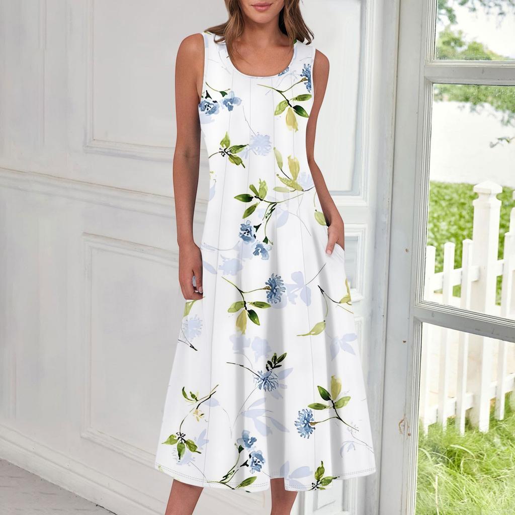 Women's Casual Fashion Floral Print Round Neck Sleeveless Midi Dress