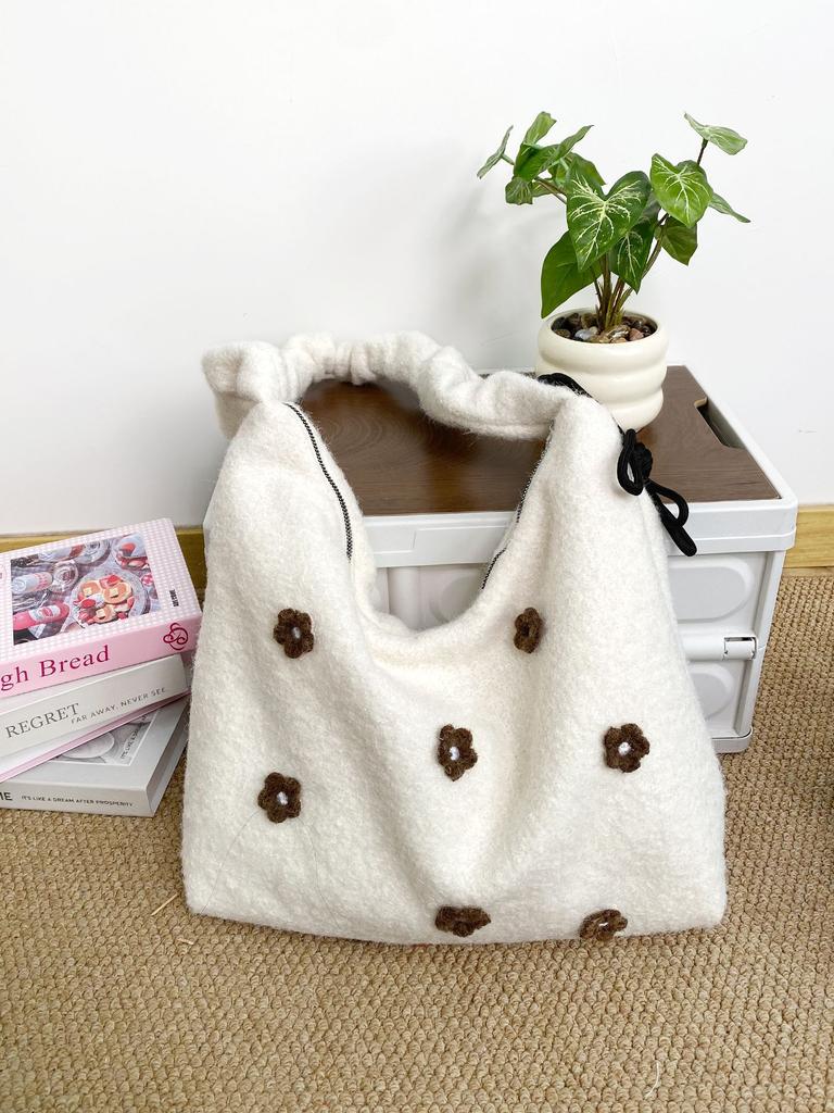 Fashion Three-dimensional Flower Plush Women's Shoulder Bags Drawstring Ladies Crossbody Bag Large Capacity Female Tote Bag