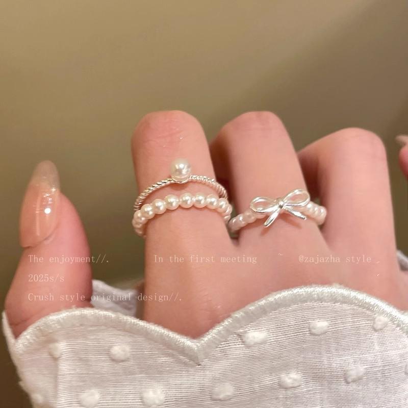 Bow Pearl Beaded Ring Korean Ins Design Index Finger Ring Stacked Wearing Ring