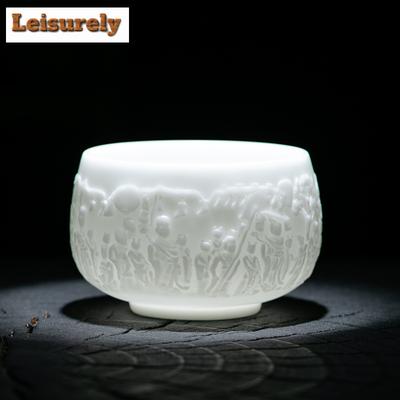 170ml  High-end Ice Seed Jade Porcelain Teacup Relief Dunhuang Buddha Master Cup Personal Chazhan Tasting Tea Bowl Kung Fu Set