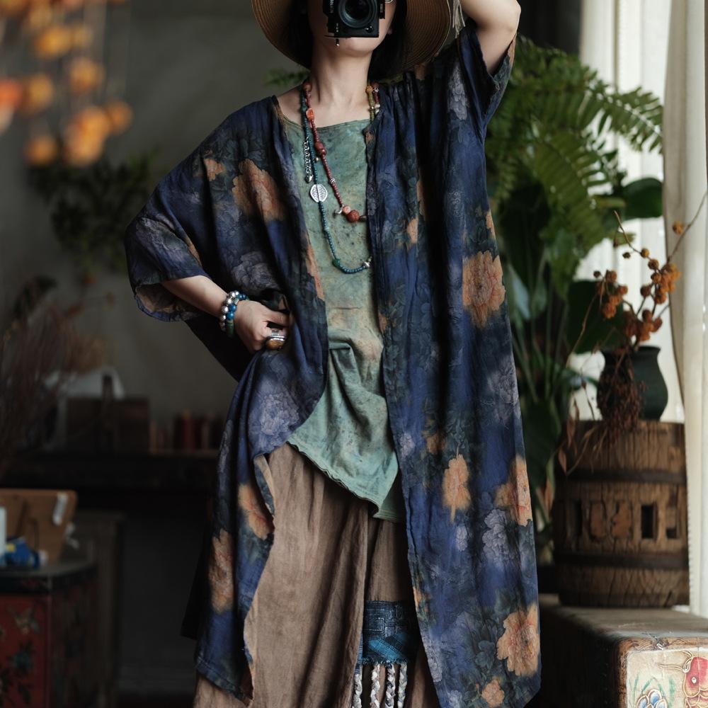 

Johnature Женские рубашки с винтажным принтом и цветочным принтом, красные топы с семью рукавами, летние женские длинные блузки в китайском стиле One Size темно-синий