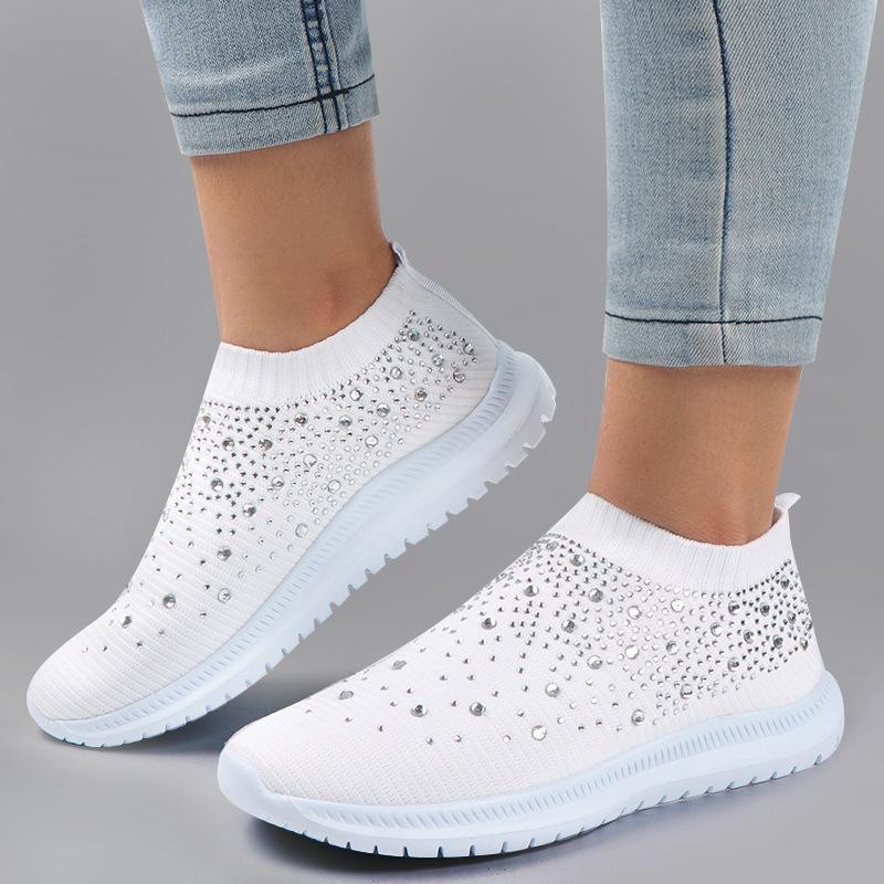 Large size rhinestone elastic socks shoes casual men's and women's sports soles fly-woven breathable lightweight shoes