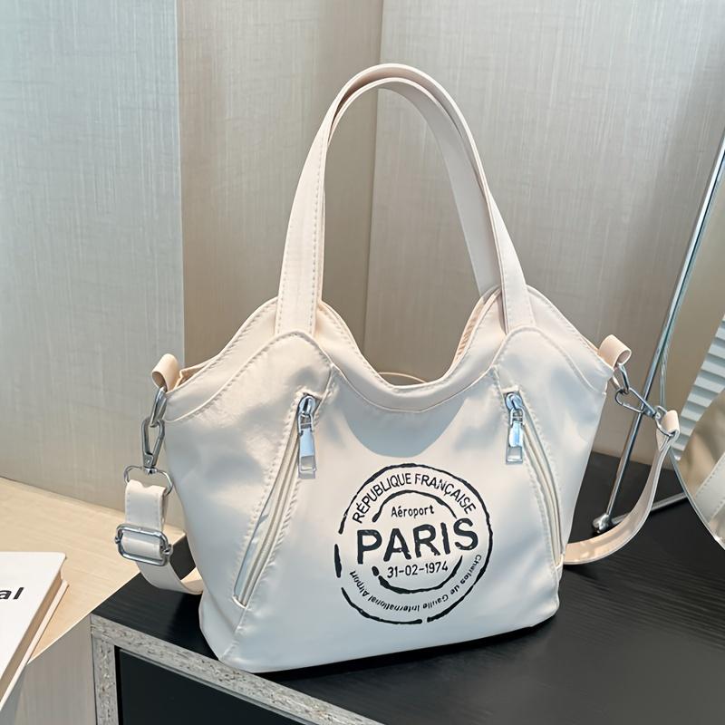 

Повседневная нейлоновая сумка через плечо для женщин, легкая сумка со съемным ремешком, застежка-молния, подкладка из полиэстера, дизайн с принтом Paris Letter белый