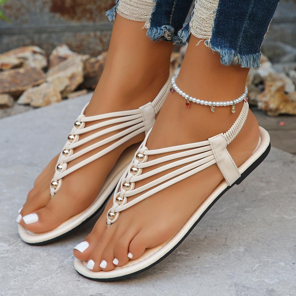 Women's Toe-Through Strap Solid Color Bohemian Fashion Vacation PU Cover Beaded Cross Strap Flat Sandals for Party Beach Outdoor Summer, Women Shoes