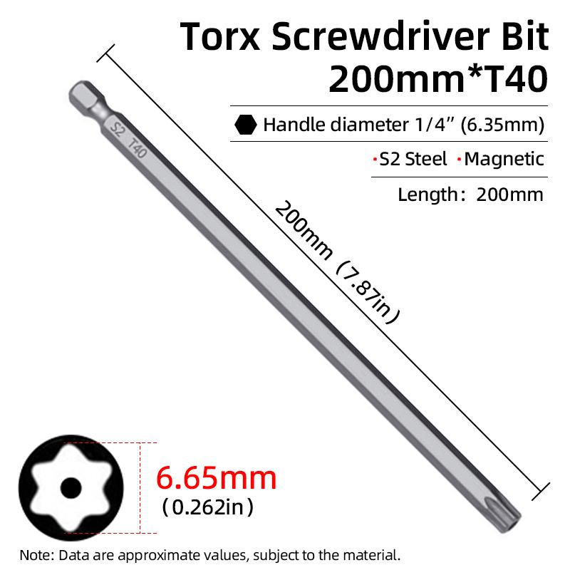 200mm Torx šroubovací bity Magnetické Dutá Hlava Květ Švestky Ocel S2 Bezpečnostní bit T6-T40 1/4'' Šestihranná Stopka Ruční Elektrické Nářadí
