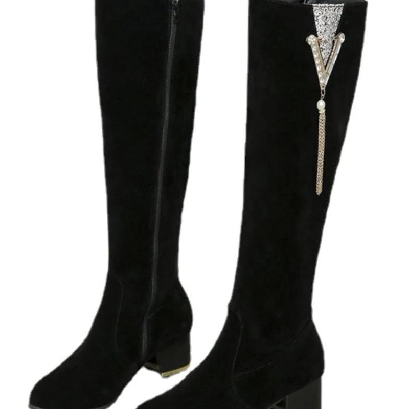 Új női hosszú csizma divatos strasszos vastag sarkú magas sarkú, térdig érő csizma cipzár Retro lovagi csizma női cipő2024