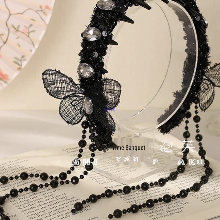 

Роскошная повязка на голову с бабочкой, кристаллами, пайетками и кисточками - аксессуар для волос в стиле феи бежевый