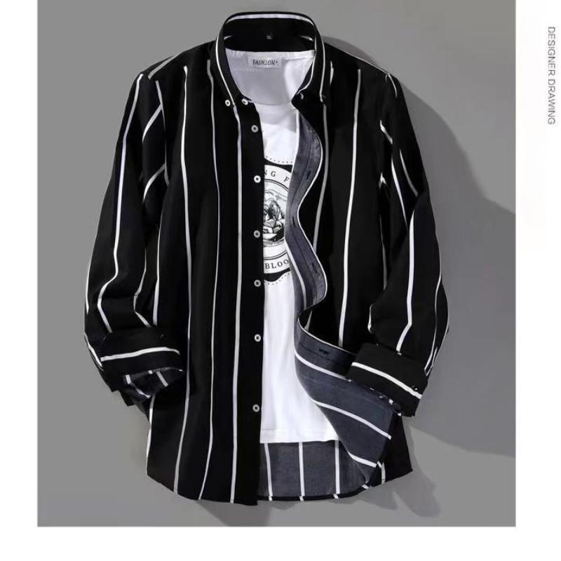 Nežehlivá pánská košile s potiskem - Košile s dlouhým rukávem a pruhy pro volnočasové a obchodní nošení - Módní slim fit košile společenské v korejském stylu