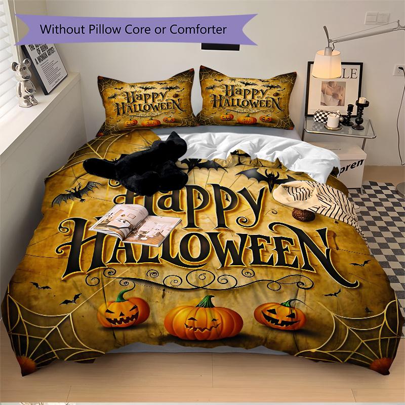3pcs Halloween Happy Day Quilt Cover Set - Soft & Comfortable Polyester Fabric, All-Season Breathable Comforter Set For 1 Quilt Cover & 2 Pillowc