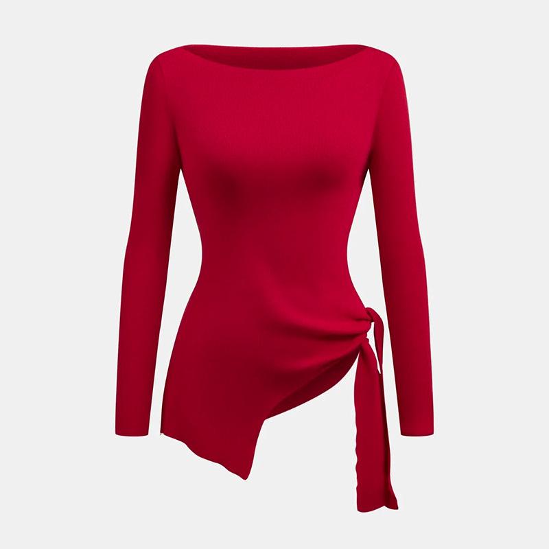 

Женский топ New Line с вырезом горловины, однотонный, трикотажный, нерегулярный, со шнуровкой и длинными рукавами one size красный