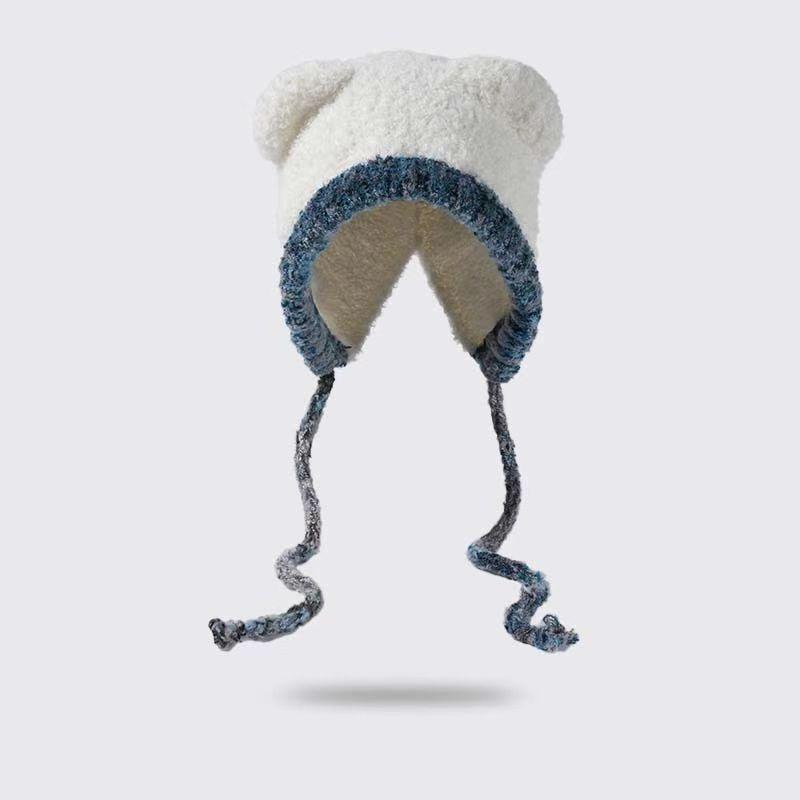 Cute Bear Plu Knitted Hat Womens Autumn Winter Large Head Circumference Face Slimming ColdProof Ear Protection Leon Fur Hat