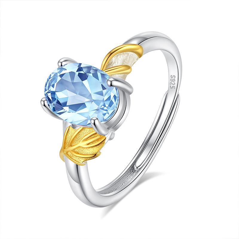 Natural peridot s925 sterling silver ring adjustable crystal stone topaz gold leaf ring light luxury fashion gift