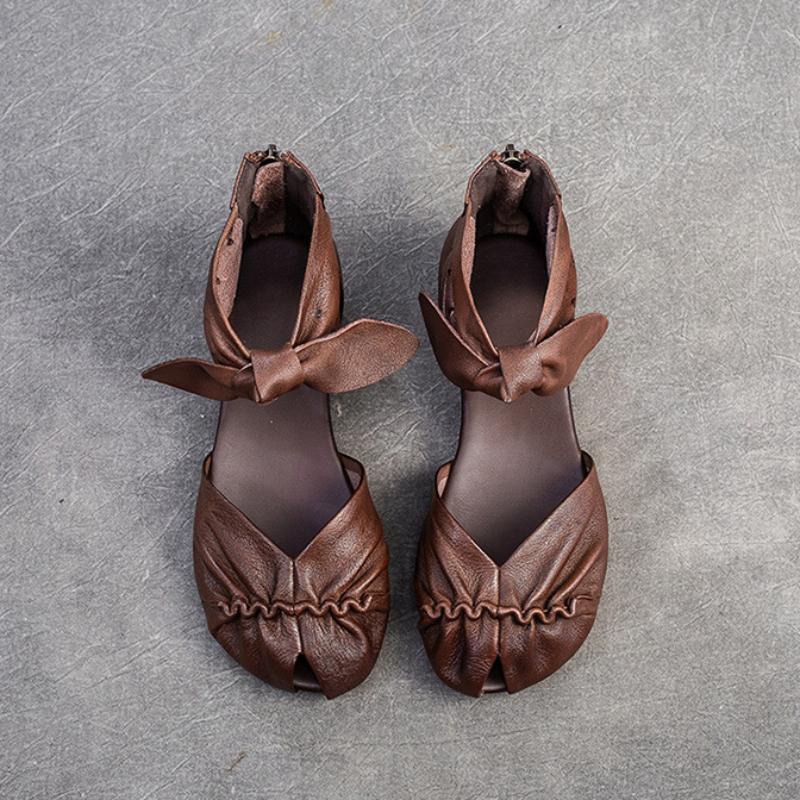 Johnature Genuine Leather Comfortable Breathable Sandals Peep Toe Low Heel Versatile Retro Women's Shoes