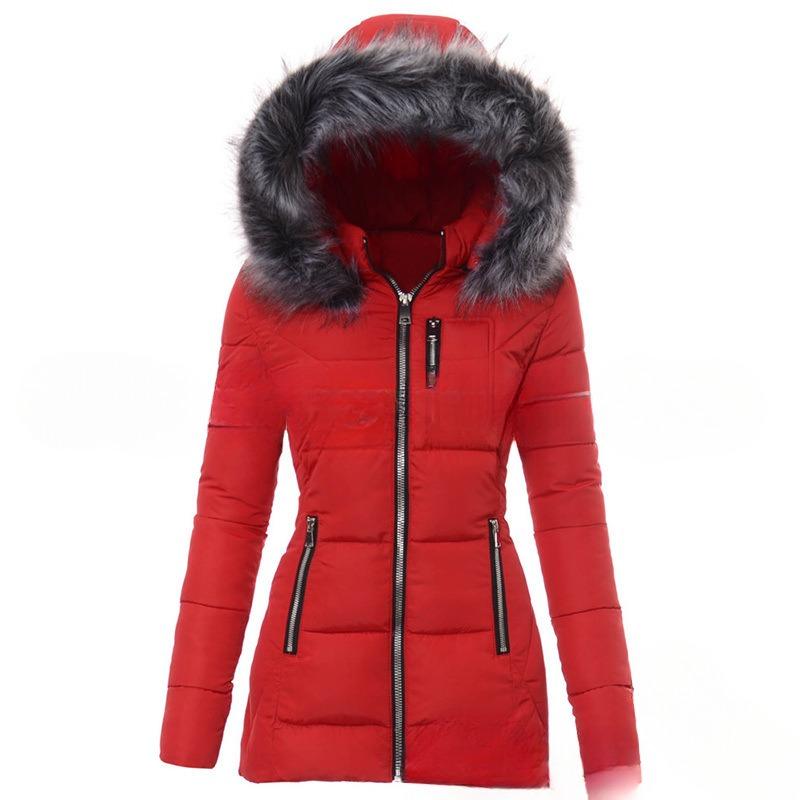

Зимнее женское облегающее пальто из хлопка с меховым воротником и молнией M красный