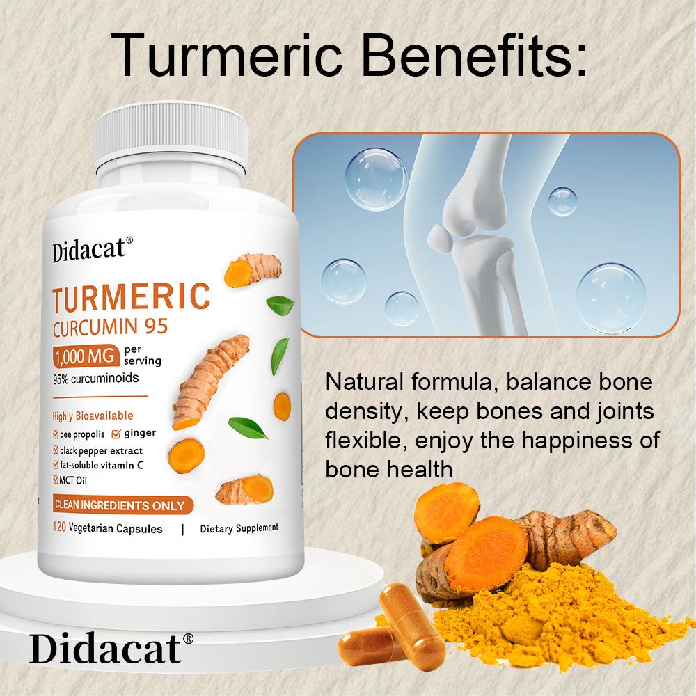 Curcumin Capsules 1000mg 6-in-1 Formula Contains 95% Curcumin+Propolis+Ginger+Black Pepper to Protect Immune Joints and Digestive Health 120 Capsules